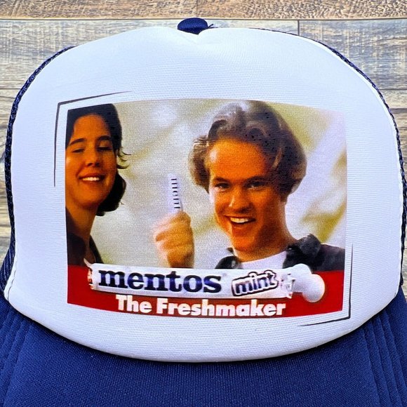 Mentos Mints Mens Trucker Hat Blue 80s Food & Drink Advertisement Vintage Cap - Picture 2 of 7